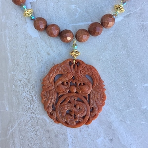 Jade Dragon Necklace Hand Carved Jade Goldstone Necklace Jade Statement Necklace Goldstone Necklace Jade Dragon Handmade