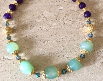 Aqua Chalcedony Necklace Amethyst Beaded Statement Necklace Gemstone Choker Aqua and Amethyst Artisan Necklace Collar Chalcedony Handmade