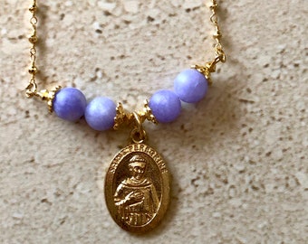 Saint Peregrine Necklace Saint Peregrine Pendant St Peregrine Necklace Patron Saint of Cancer Patients Purple Jade Religious Necklace