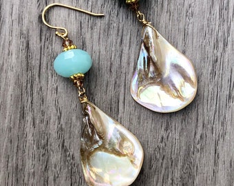 Aqua Chalcedony Earrings Aqua Earrings Mother of Pearl Shell Earrings Long Earrings MOP Earrings Statement Earrings Dangle Chalcedony Drop