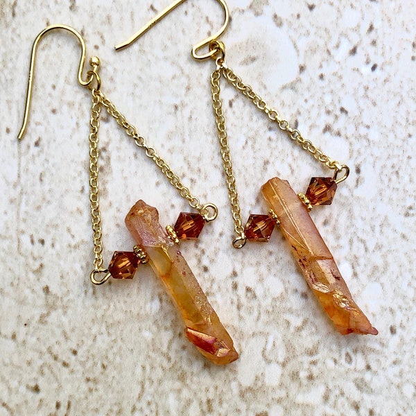 Spike Earrings Rough Cut Spike Earrings Mystic Aura Spike Earrings Raw Titanium A/B Quartz Point Earrings Peach Spike Earring Metallic Point