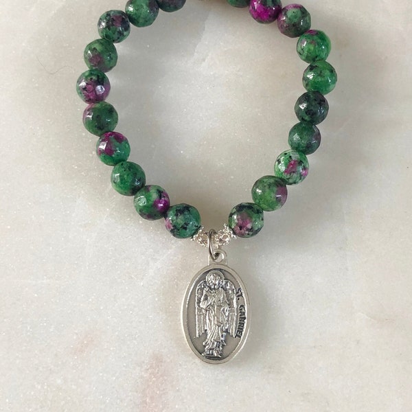 Saint Gabriel Bracelet St Gabriel Bracelet Archangel Gabriel Jewelry Patron Saint of Communication Ruby Zoisite Bracelet Faith Jewelry