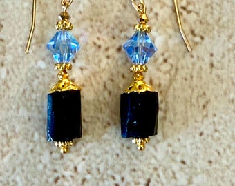 Black Tourmaline Earrings Raw Black Tourmaline Earrings Tourmaline Dangle Earrings Tourmaline Nugget Earrings Swarovski Crystal
