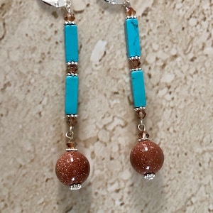 Goldstone Earrings Long Earrings Turquoise Linear Earrings Goldstone Jewelry Shoulder Earrings Duster Turquoise Earrings