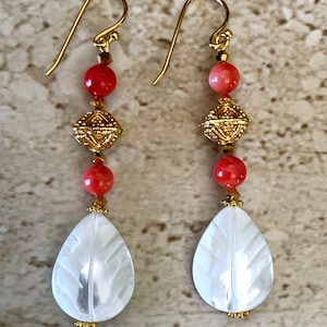 Pink Coral Earrings Mother of Pearl Earrings Coral Dangle Earrings Beachy Earrings Mother of Pearl Earrings Artisan Earrings Coral Dangle