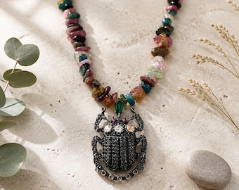 Rhinestone Beetle Pendant Necklace with Tourmaline Beads Scarab Statement Necklace Beetle Jewelry