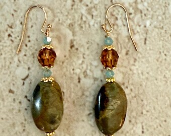 Picasso Jasper Earrings Swarovski Crystal Earrings Picasso Jasper Dangle Earrings Gemstone Handmade Picture Jasper Dangle Earrings Gemstone