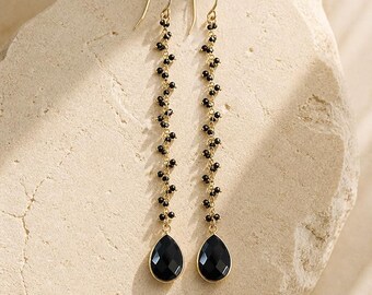 Black Spinel Rosary Chain Earrings with Black Onyx Teardrop Handmade Long Earrings