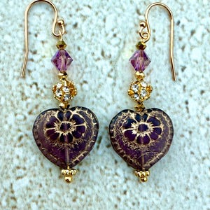 Heart Earrings Czech Glass Heart Earrings Lavender Czech Glass Earrings Heart Dangle Earring Rhinestone Heart Earrings Gold Valentines Gift