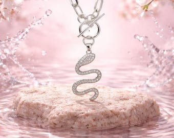 CZ Snake Pendant Necklace with Silver Paperclip Chain – Toggle Clasp Jewelry