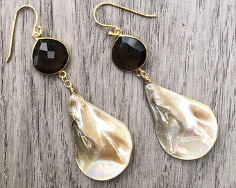 Smoky Quartz Earrings  Smoky Quartz Dangle Earrings MOP Earrings Long Earrings Shell Earrings Handmade Earrings