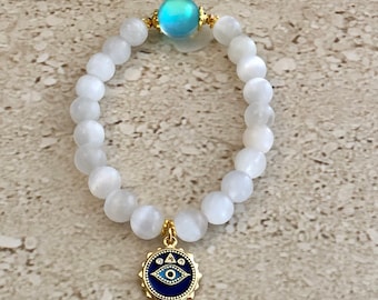 Evil Eye Bracelet Third Eye Bracelet Selenite Bracelet Healing Crystal Bracelet Protection Bracelet Evil Eye Jewelry Crown Chakra Healing