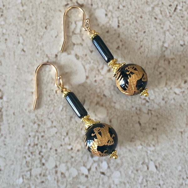 Dragon Ball Earrings Dragon Earrings Dragon Dangle Earrings Black and Gold Dragon Ball Drop Handmade Earrings