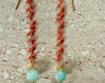 Jade Earrings Coral and Burmese Jade Dangle Earrings Linear Coral Earrings Coral Rosary Chain Earrings Jade Long Earrings Coral Handmade