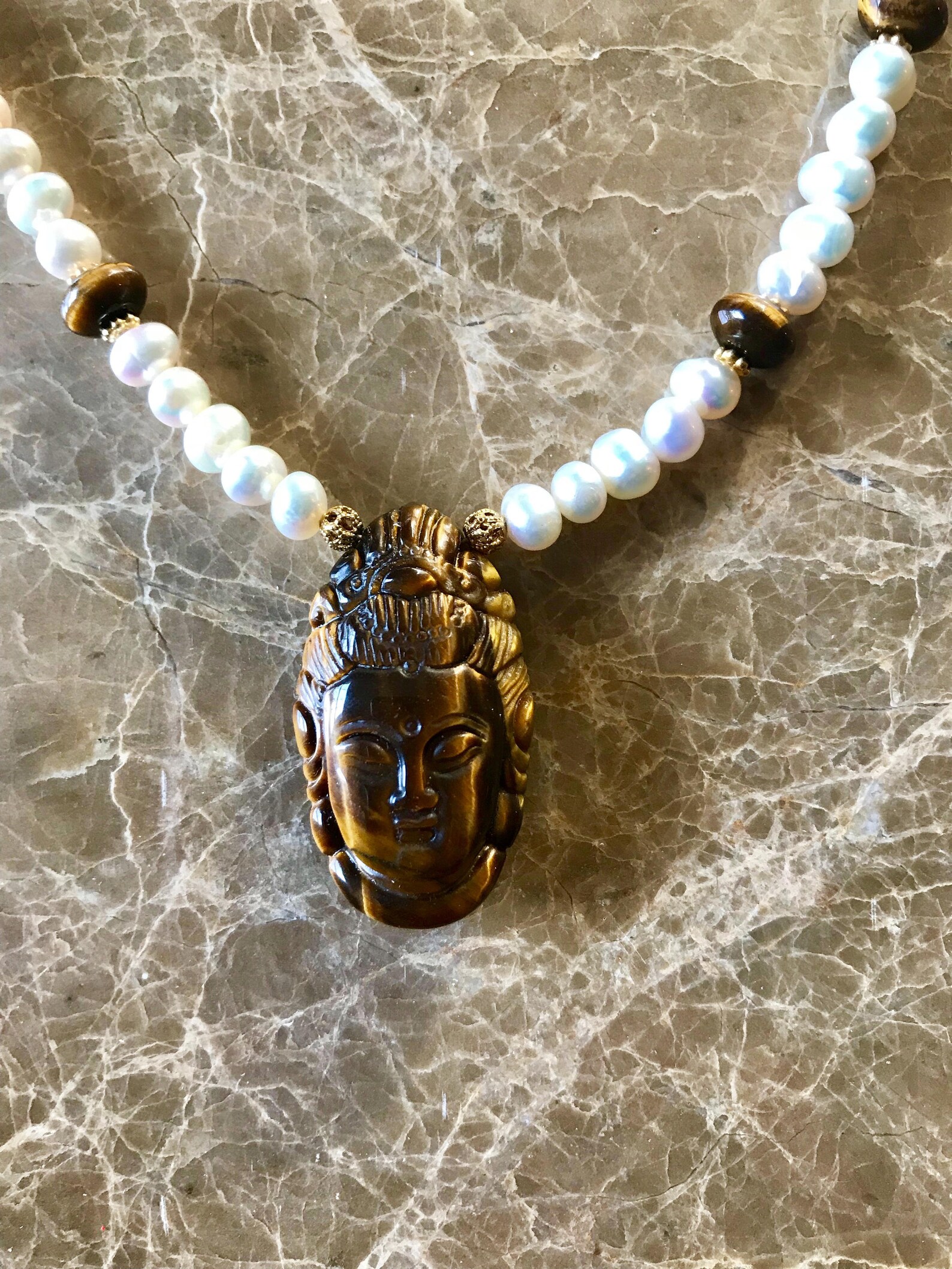 Kwanyin Necklace Tiger Eye and Cultured Pearl Necklace Etsy