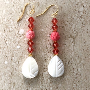 Pink Coral Earrings Mother of Pearl Earrings Coral Dangle Earrings Beachy Earrings Mother of Pearl Earrings Padparadscha Swarovski Earrings