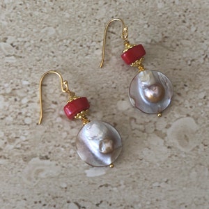 Mabe Pearl Earrings Coral and Mabe Pearl Earrings Coral Earrings Pearl Dangle Earrings Gift for Her Handmade Earrings
