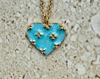 Heart Pendant Aqua Heart Enamel Pendant  Heart Necklace Valentine Gift Heart Jewelry Dainty Heart Necklace Aqua Heart Necklace