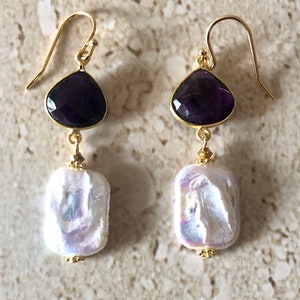 Pearl Earrings Freshwater Pearl Dangle Earrings Amethyst and Freshwater Cultured Pearl Drop Earrings Handmade February Birthstone