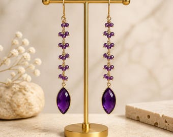 Amethyst Earrings Linear Amethyst Earrings Rosary Chain Shoulder Earrings February Birthstone Amethyst Long Earrings Cascade Handmade