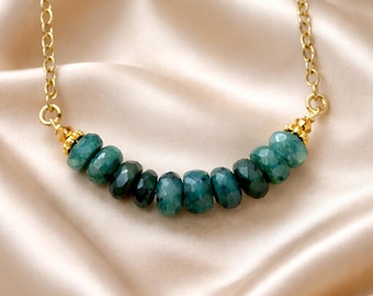 Emerald Necklace Raw Emerald Pendant Dainty Emerald Necklace Minimalist Emerald Bar Pendant May Birthstone Emerald Beaded Bar Necklace