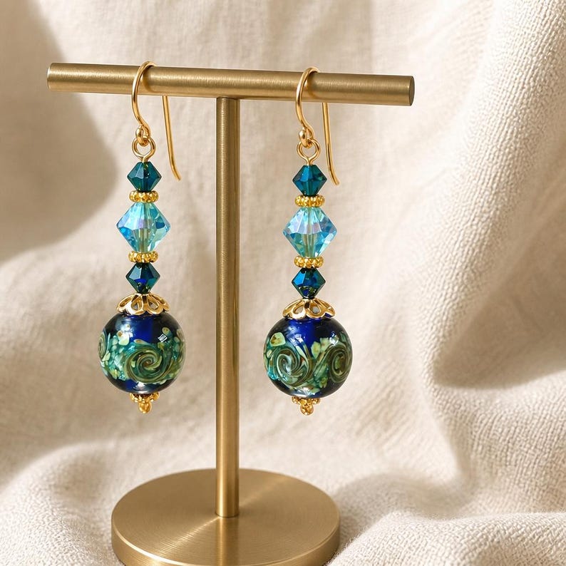 Murano Glass Earrings Venetian Glass Earrings Swirl Cobalt and Aqua Murano Earrings Blue Dangle Earrings Handmade Jewelry bild 1