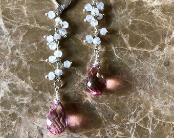 Pink Topaz EarringsMoonstone Earrings Moonstone Pink Topaz Dangle Earrings Bridesmaid Earrings Boho Earrings Rosary Chain Earrings Handmade