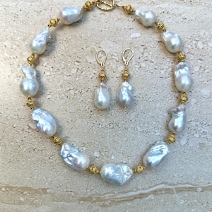 Baroque Pearl Necklace Freshwater Large White Baroque Pearl Necklace and Earrings Set Pearl Choker Flame Ball Pearl Wedding Jewelry Handmade