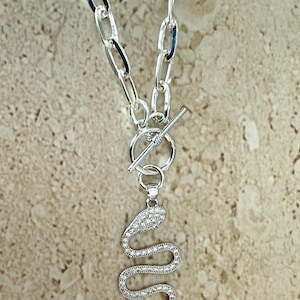 Snake Necklace Snake Pendant Necklace CZ Snake Necklace Snake Jewelry Serpent Necklace Paper Clip Chain Python Toggle Necklace