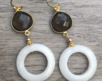 White Jade Earrings Smoky Quartz Earrings Jade Donut Earrings Smoky Quartz Earrings Gemstone Earrings Jade Earrings Dangle Earring Statement