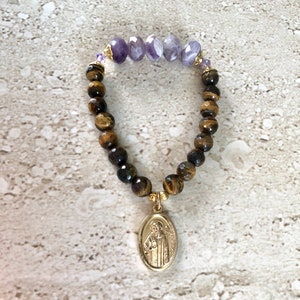 Saint Benedict Bracelet Saint Benito Bracelet St Benedict San Benito Tiger Eye and Flower Amethyst Bracelet Protector of Evil Faith Jewelry