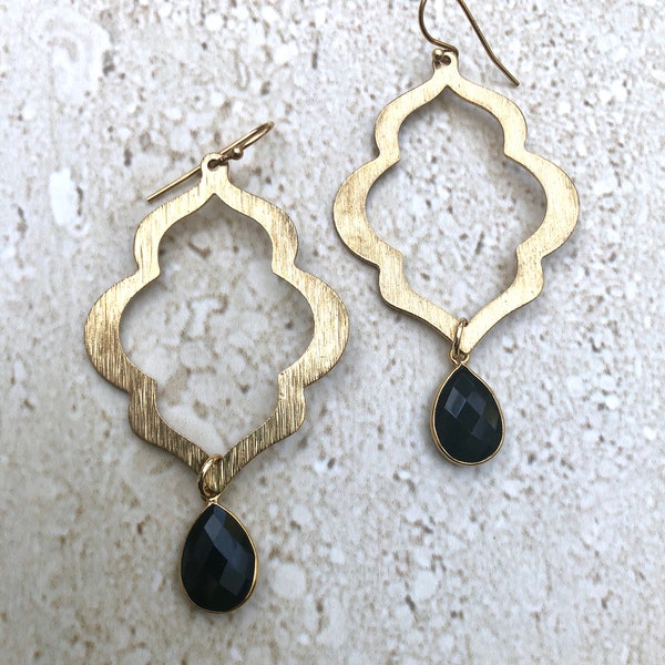 Black Onyx Earrings Marquis Long Earrings Brass Earrings Boho Earrings Statement Quatrefoil Earrings