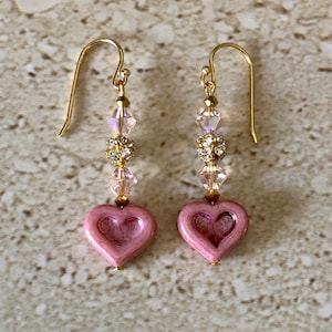 Heart Earrings Czech Glass Earrings Heart Dangle Earrings Pink Czech Crystal Heart Earrings Heart Drop Earrings Valentines Gift