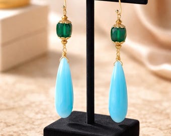 Aqua Chalcedony Earrings Green Onyx Earrings Gemstone Handmade Earrings Aqua Teardrop Earrings