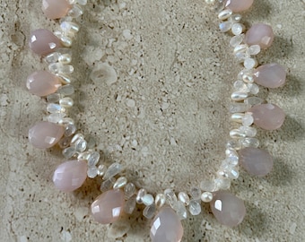Rose Quartz Necklace Rose Quartz Freshwater Pearl Moonstone Gemstone Statement Choker Necklace Collar Pink Artisan Heart Chakra.  Handmade