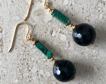 Malachite Earrings Black Onyx Earrings Malachite and Onyx Dangle Earrings Malachite Drop Earrings Gemstone Earrings Handmade
