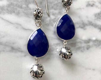Sapphire Chalcedony Earrings Blue Dangle Earrings Blue Chalcedony Earrings Blue Drop Earrings Bali Style Earrings