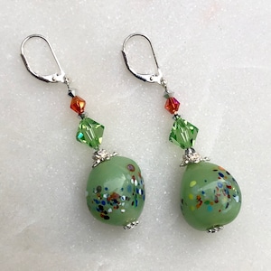 Lampwork  Earrings Millefiori Bead Earrings Glass Bead Earrings Swarovski Earrings Green Earrings Lampwork Drop Earrings Handmade