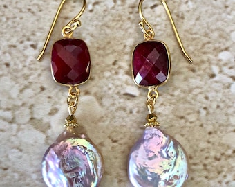 Ruby Earrings Ruby and Pearl Earrings Freshwater Coin Pearl Earrings Ruby Dangle Earrings Pearl Drop Earrings Handmade