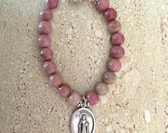 Saint Dymphna Bracelet St Dymphna Jewelry Patron Saint for Emotional Stress Anxiety Religious Gift Saint Dymphna Rhodonite Bracelet Handmade