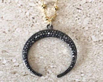 Horn Pendant Horn Necklace Gunmetal CZ Horn Pendant Horn Jewelry Marcasite Horn Crescent Moon Pendant Moon Necklace
