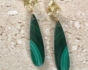 Malachite Earrings Long Malachite Earrings Leaf Shape Malachite Dangle Earrings Statement Earrings Gemstone Earrrings Green Malachite