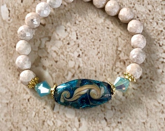 Venetian Glass Bracelet Murano Glass Bracelet Turquoise and Cobalt Blue Murano Bracelet Wave Style Lampwork Bracelet Riverstone Bracelet