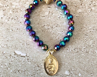 Saint Peregrine Bracelet St Peregrine Bracelet Rainbow Pyrite Saint Peregrine Patron Saint of Cancer Patients Religious Faith Jewelry