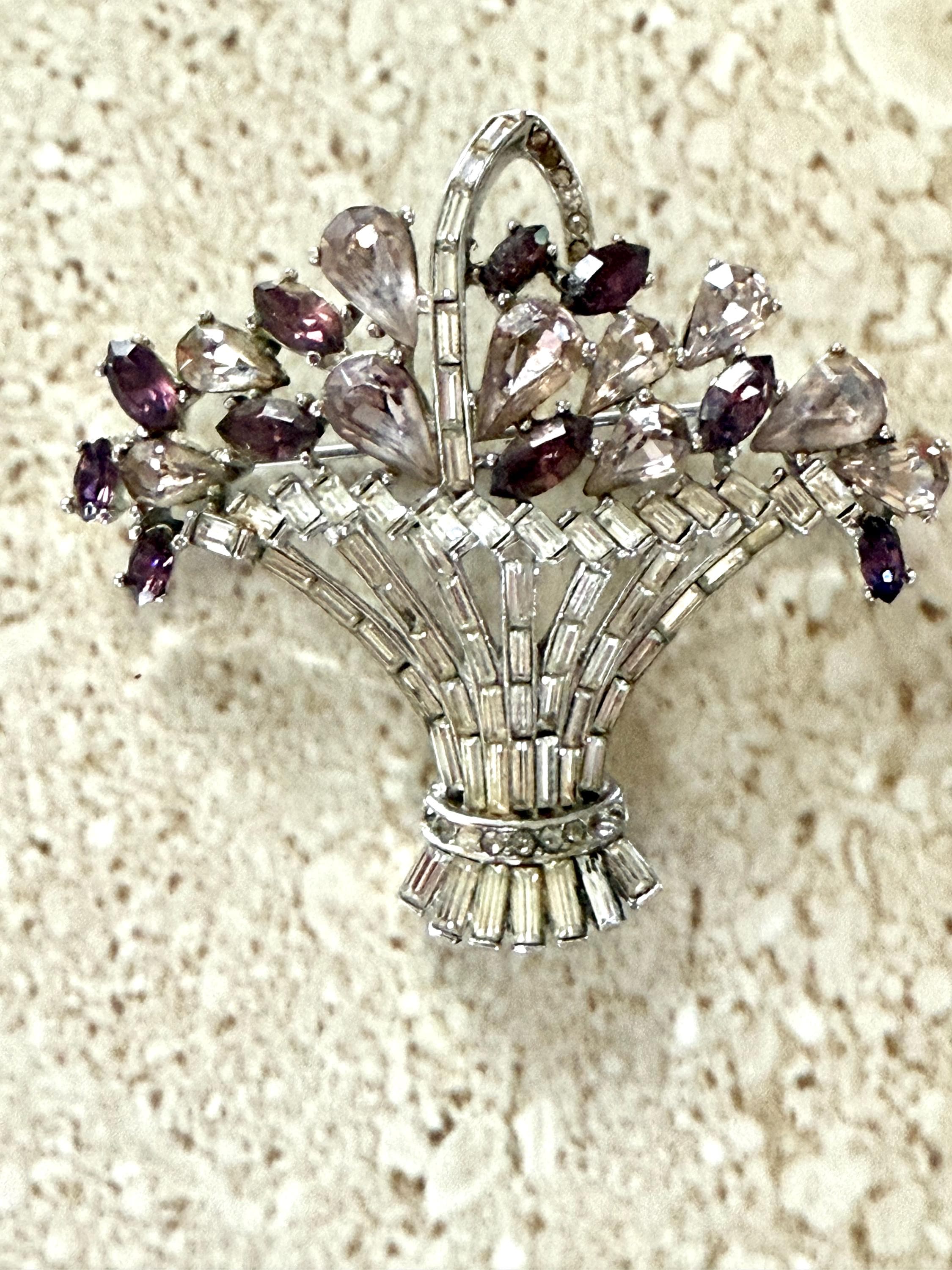 Crown Trifari Alfred Philippe Flower Basket Rhinestone Brooch Rare