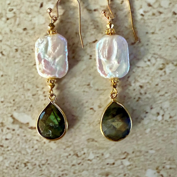 Pearl Earrings Labradorite Earrings Pearl Dangle Earrings Pearl Drop Earrings Gemstone Earrings Labradorite Drop Earrings June Birthstone