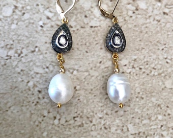 Rose Cut Diamond Earrings Pearl Earrings Polki Diamond Earrings Pearl Dangle Earrings Diamond Dangle Earrings