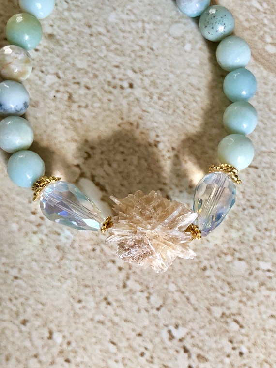 Desert Rose Selenite Bracelet Sand Rose Selenite Gypsum Selenite Bracelet Selenite Jewelry Healing Stone Bracelet Amazonite Bracelet