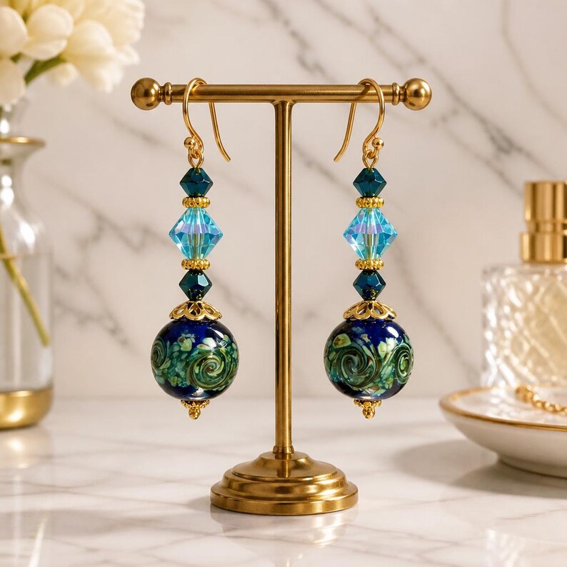 Murano Glass Earrings Venetian Glass Earrings Swirl Cobalt and Aqua Murano Earrings Blue Dangle Earrings Handmade Jewelry bild 7