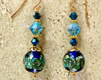 Murano Earrings Venetian Glass Earrings Swirl Cobalt and Aqua Murano Earrings Blue Dangle Earrings Handmade Jewelry